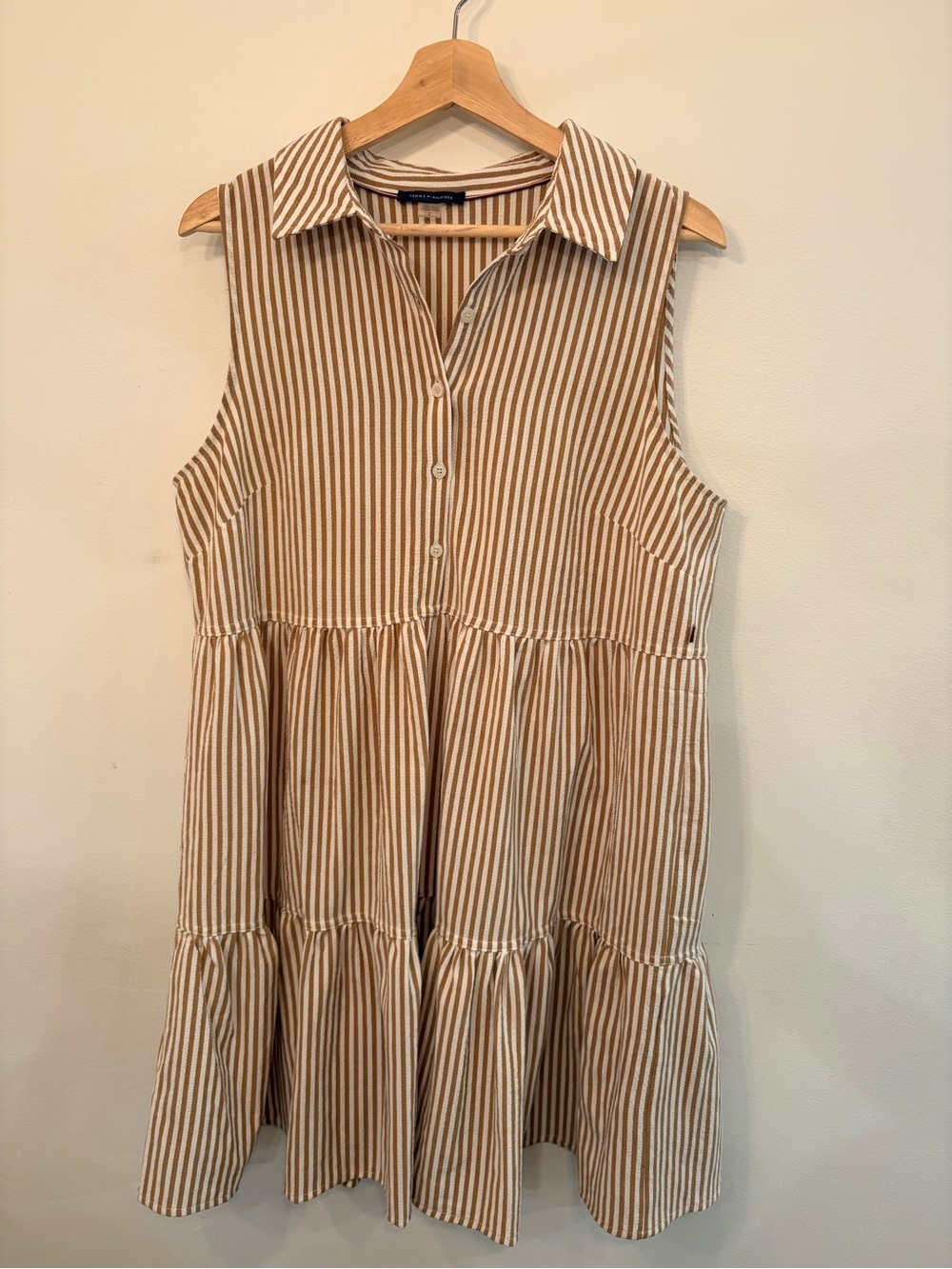 Tommy Hilfiger Sleeveless Striped Tiered Dress - Beige & White Striped